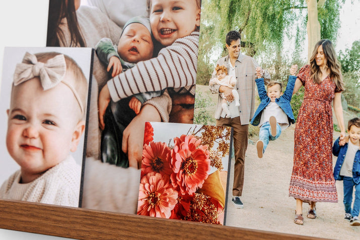 Four photo prints mounted on 3/16" Gatorboard styled on a photo ledge. The focus image is 4x4" and features pink flowers. Around it are images of babies and families.